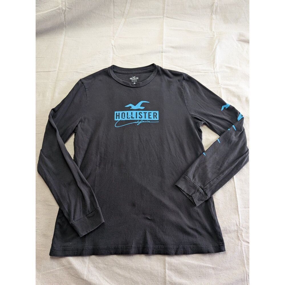 Hollister California Long Sleeve Graphic Shirt Men M Black Blue Logo Y2K